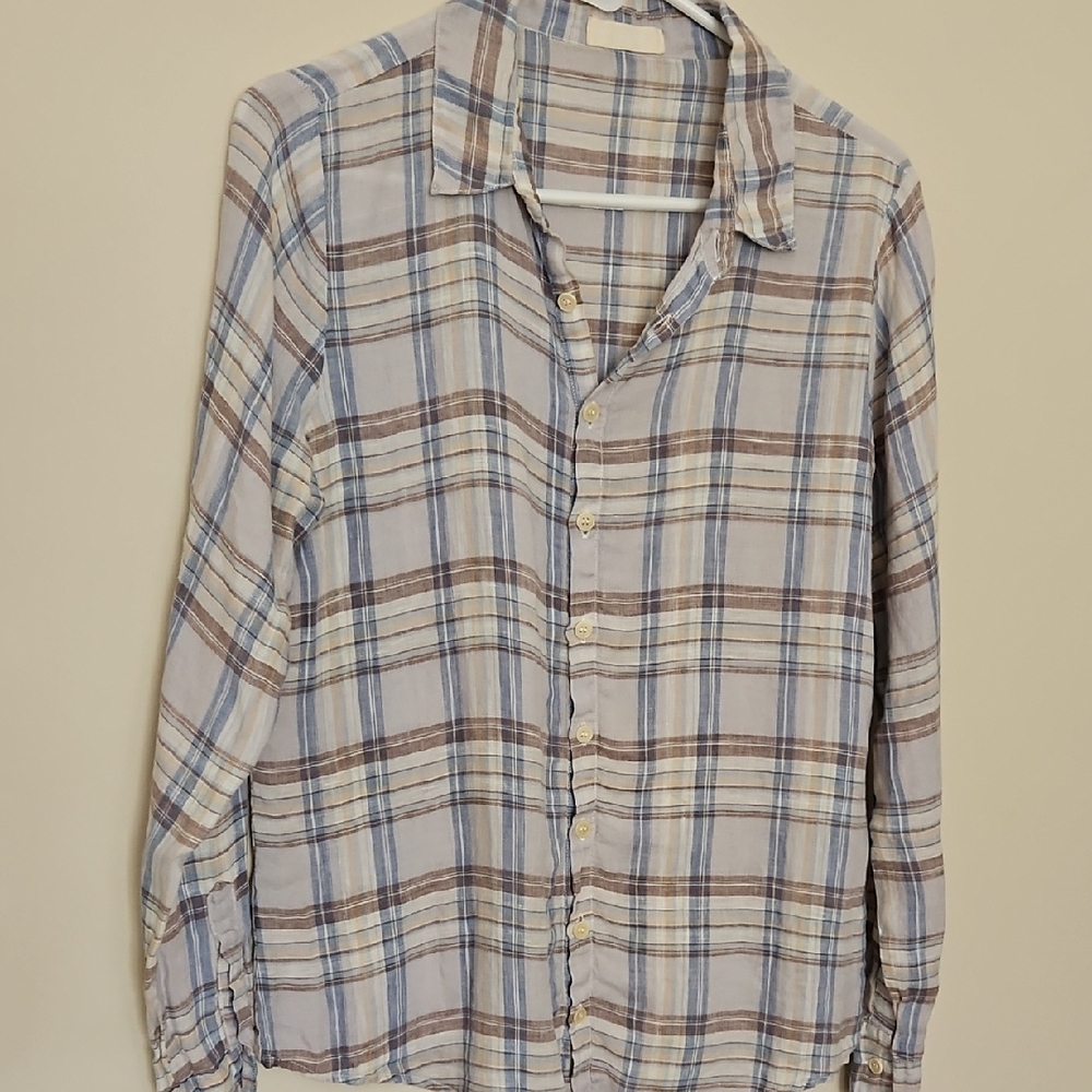 CP Shades Linen Plaid Button Down Long Sleeve Shirt in Blue Brown Summer S